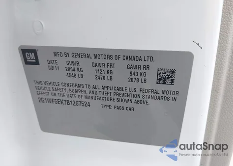 2011 Chevrolet Impala Ls from USA, damaged, VIN 2G1WF5EK7B1267524